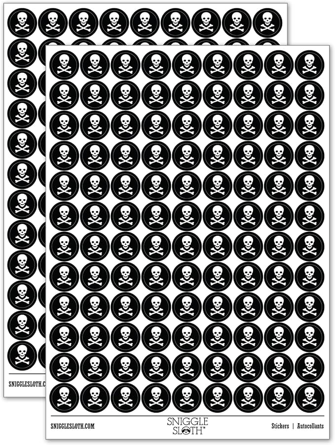Skull and Crossbones Solid 200+ Round Stickers - Matte Finish - 0.50" Size - Black - skull sticker