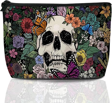 Halloween Skull Flower Makeup Bag Travel Cosmetic Bag for Women,Mexican Skeleton Butterfly Small Make up Pouch Travel Bags for Toiletries Aesthetic Accessories Waterproof Gifts - skull suitcase