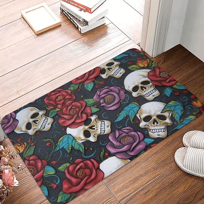 Bathroom Doormat 16" x 24" Non-Slip Front Doormats Sugar Skull Flowers Door Mat for Bathroom Entryway Mats Welcome Mats for Outdoor Indoor Home Decoration Mat Rectangular Outdoor Mat for Patio - skull toilet mat