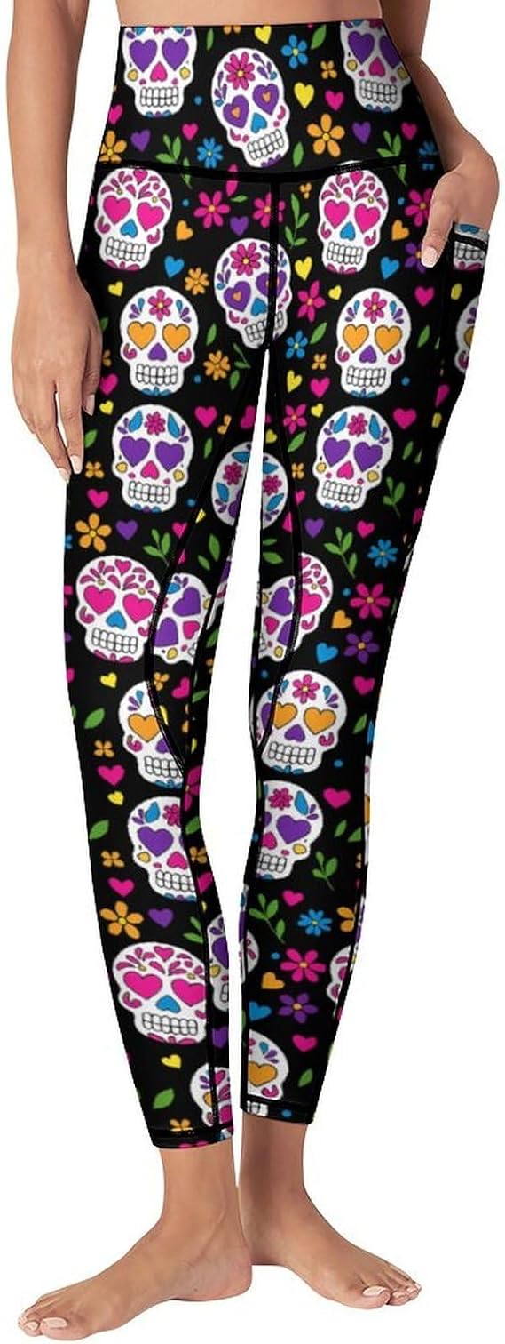 High Waist Yoga Pants with Pockets Tummy Control Workout Running 4 Way Stretch Yoga Leggings for Girls Women - skull leggings