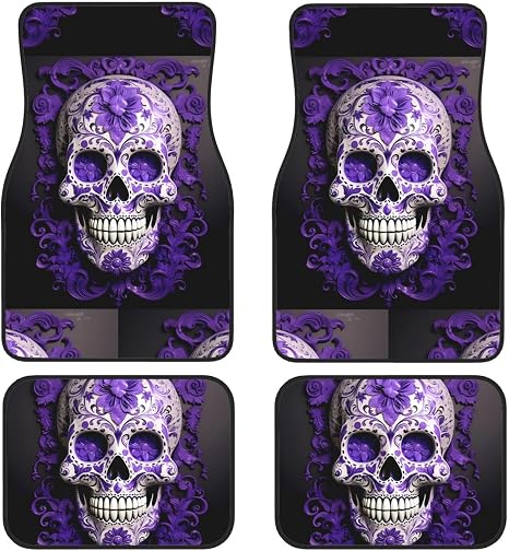 Purple Floser and Sugar Horror Skull Print Car Foot Mat Set of 4 Pieces Front & Rear Car Floor Foot Mat Sets of 4 Pieces - skull floor mat