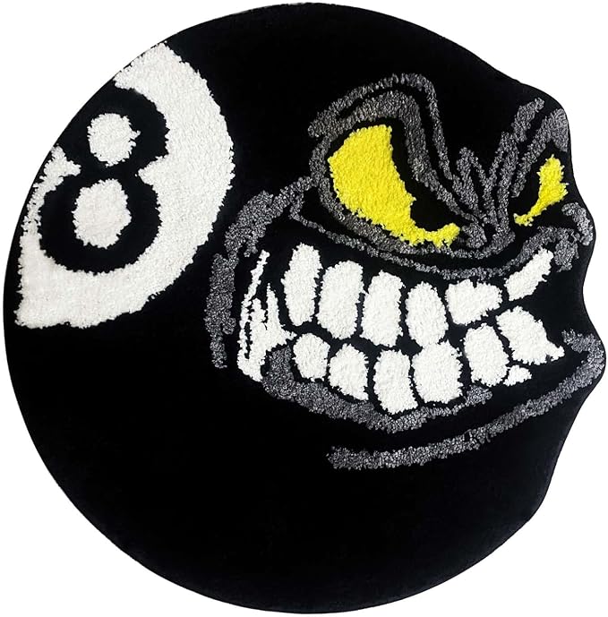 Angry 8 Ball Rug, 24" Cool Rugs for Bedroom Men, Black Round Area Rug for Man Cave, High-Pile Flocking Soft Aesthetic Carpet for Living Room Decor, Hypebeast Room Decor - skull rug