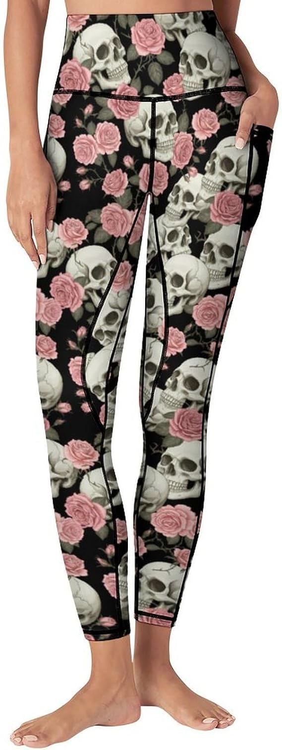 High Waist Yoga Pants with Pockets Tummy Control Workout Running 4 Way Stretch Yoga Leggings for Girls Women - skull leggings