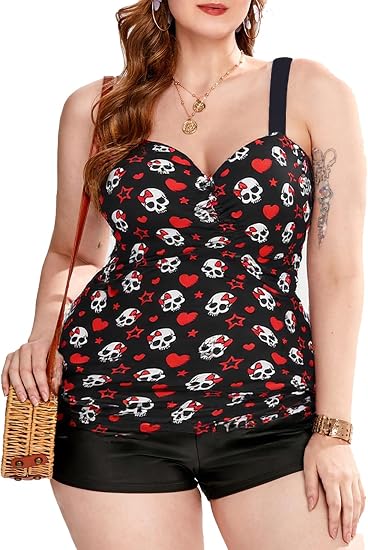 ROSE GAL Rosegal Plus Size Women 2 Piece Swimsuit Skull Heart Print Ruched Tummy Control Tankini Swimwear - skull swimsuit