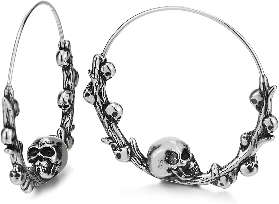 Stainless Steel Skull Hoop Earrings for Women, Gothic Branch Vine Wrap Design, Antique Silver Tone Punk Jewelry - skull plate