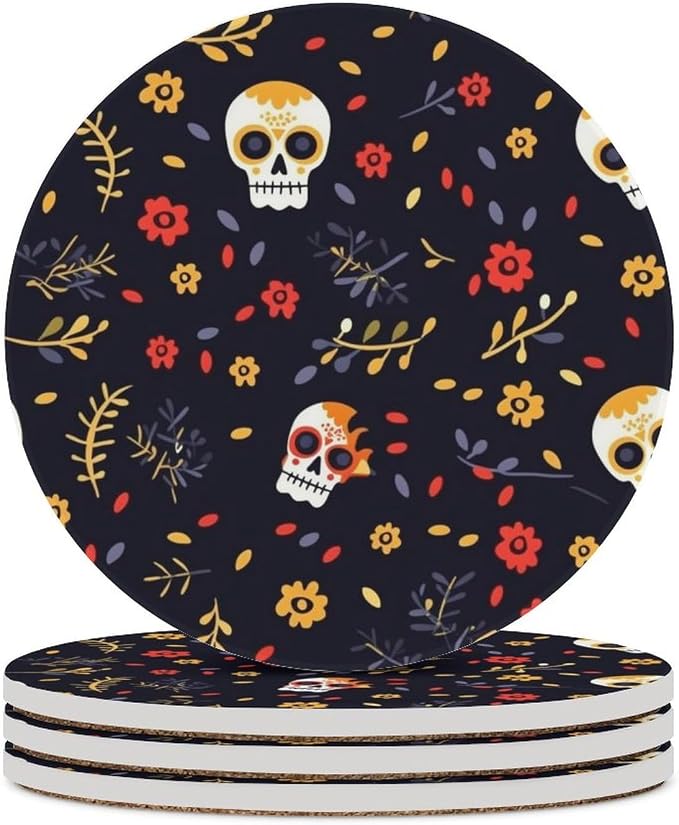 Day of The Dead Skulls Flowers Coasters for Drinks, Absorbent Ceramic Stone Coasters Set of 4 Cork Base Cups Table Mats for Home Decor - skull coaster