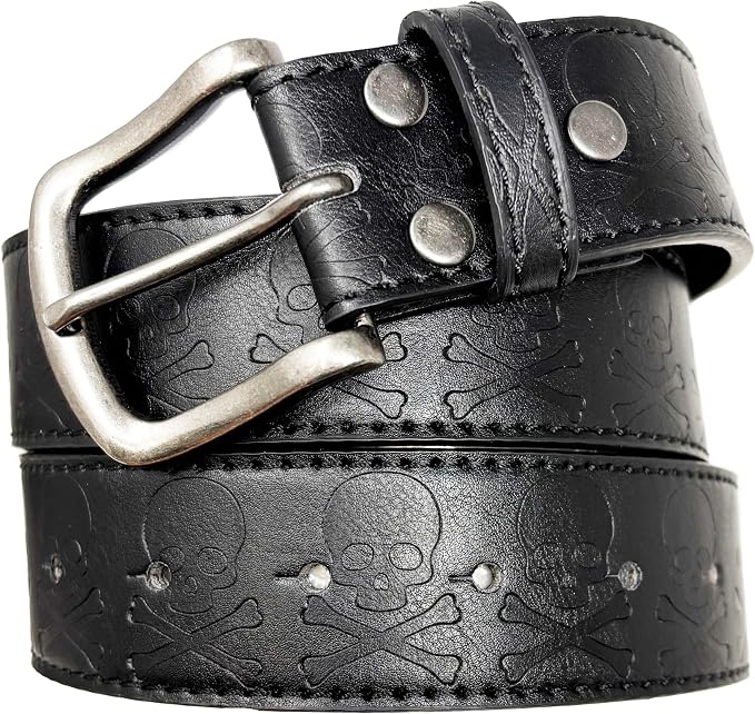 BC Belts Skull and Bones Leather Belt Strap and Metal Buckle 1.5" Wide with Snaps - Rock Punk Cross Pirate Jolly Roger - skull wallet