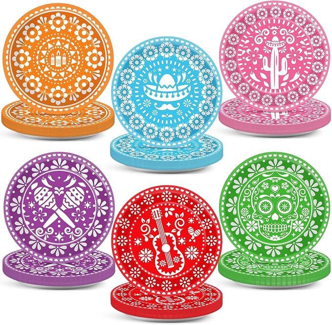 60 PCS Mexican Fiesta Party Plates 7 in Mexican Party Decorations Colorful Papel Picado Fiestas Disposable Paper Dish for Fifth De Mayo Decor Mexico Tableware set, Day of The Dead Dinnerware - skull plate