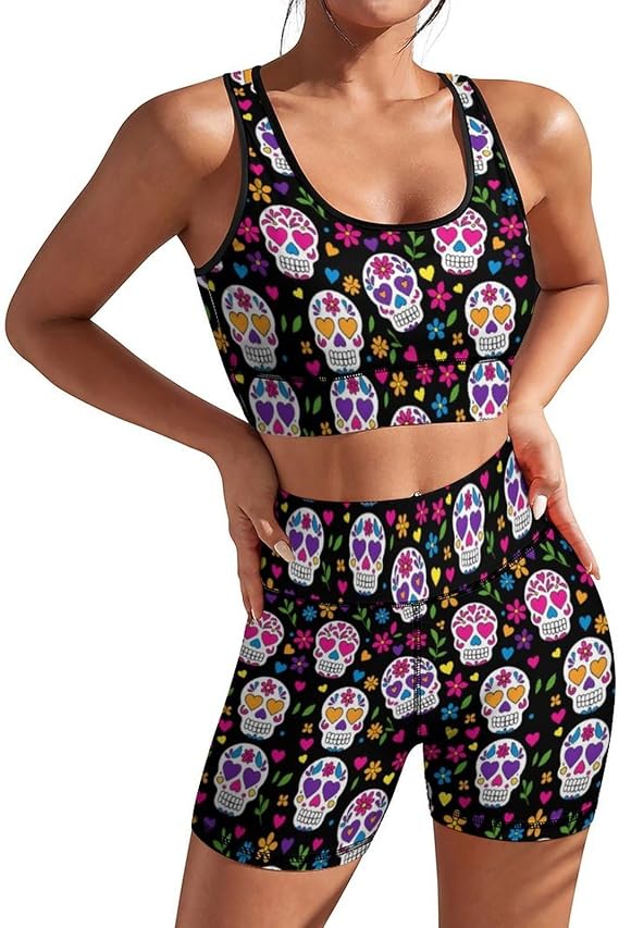 Women's Yoga Outfit 2 Piece Set Workout Athletic Shorts High Waist Leggings Sports Bra Set Gym Clothes - skull leggings