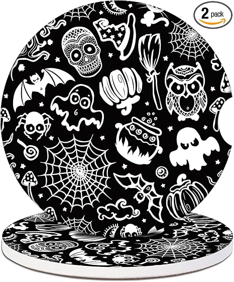 Car Cup Holder Coasters -Halloween Skull Bat Absorbent Ceramic Coaster 2 Pack, Car Coasters for Cup Holders, Fashion Car Interior Accessories Drink Coaster for Women & Men - skull coaster