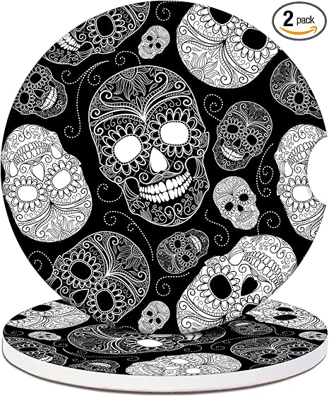 Car Cup Holder Coasters – Black White Sugar Skull Absorbent Ceramic Coaster 2 Pack, Car Coasters for Cup Holders, Fashion Car Interior Accessories Drink Coaster for Women & Men