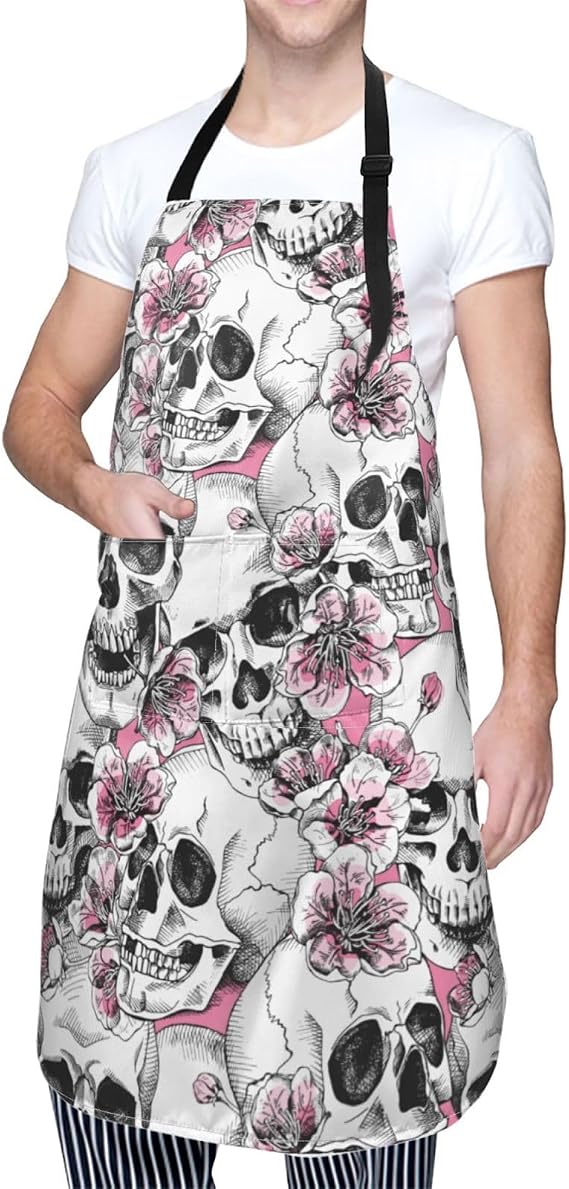 Mexican Flower Waterproof Bib Apron with 2 Pockets, Adjustable Neck Kitchen Chef Apron for Cooking Gardening BBQ - skull painting