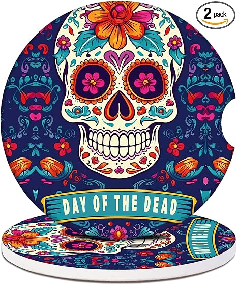 Car Cup Holder Coaster - Sugar Skull Absorbent Ceramic Coaster, Dia de Los Muertos Drink Cup Holder Coasters, Auto Interior Accessories, Drink Cup Holder Coasters for Women & Men Pack of 2 - skull coaster