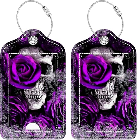 2 Pcs Luggage Tag for Suitcase, Purple Rose Skull Unique Leather Suitcase Tags with Full Privacy Cover Stainless Steel Loop for Women Men Travel Baggage Bag Backpack - skull suitcase