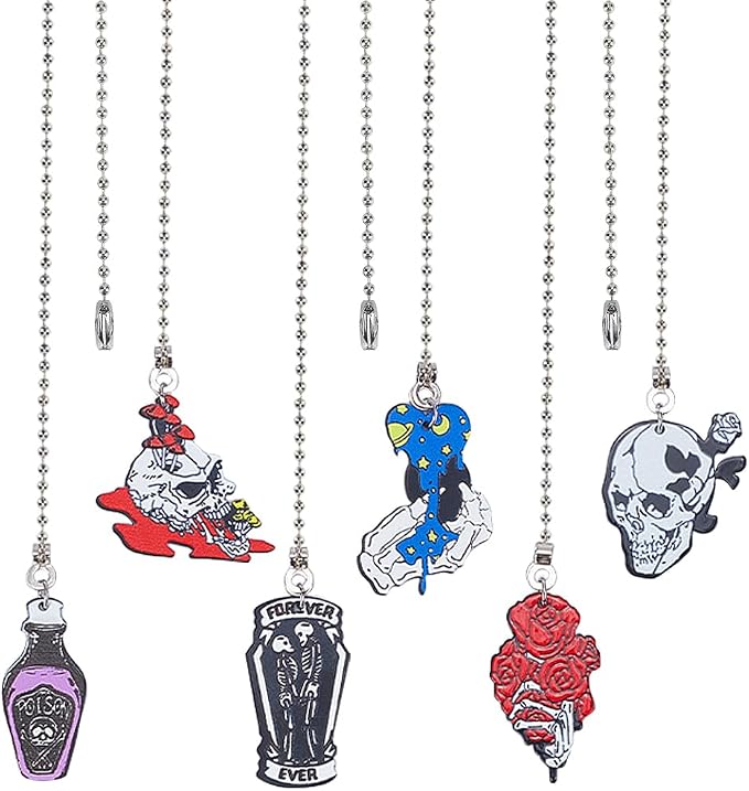 CRASPIRE 6 Style Skull Halloween Ceiling Fan Pull Chain Extender Spooky Charm Pendant Decorative 12.6 Inch Extension Connector Ball Bead Cord Replacement Hanging Ornaments for Lighting Lamp Decor - string light