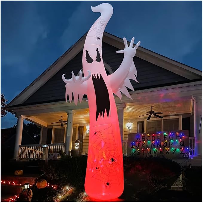 GOOSH 12 FT Halloween Inflatables Ghost Outdoor Decorations Blow Up Yard Giant Towering Terrible Spooky Flame Lamp Ghost with Built-in LEDs for Garden Lawn Indoor Party Decor - skull inflatable