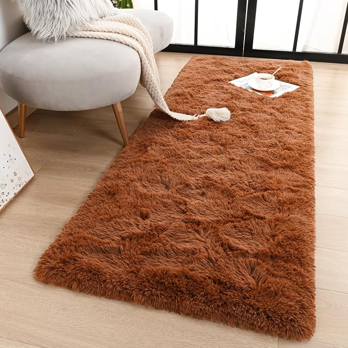 Brown Fluffy Runner Rug for Bedroom, 2×6 Ft Cute Shag Area Rugs for Hallway, Soft Machine Washable Plush Carpet with Non Slip Backing for Bathroom Bedside Kitchen Floor Decoration