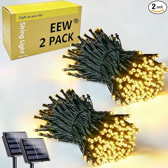 EEW 2 Pack Solar String Lights Outdoor 200 LED Christmas Lights Warm White - string light