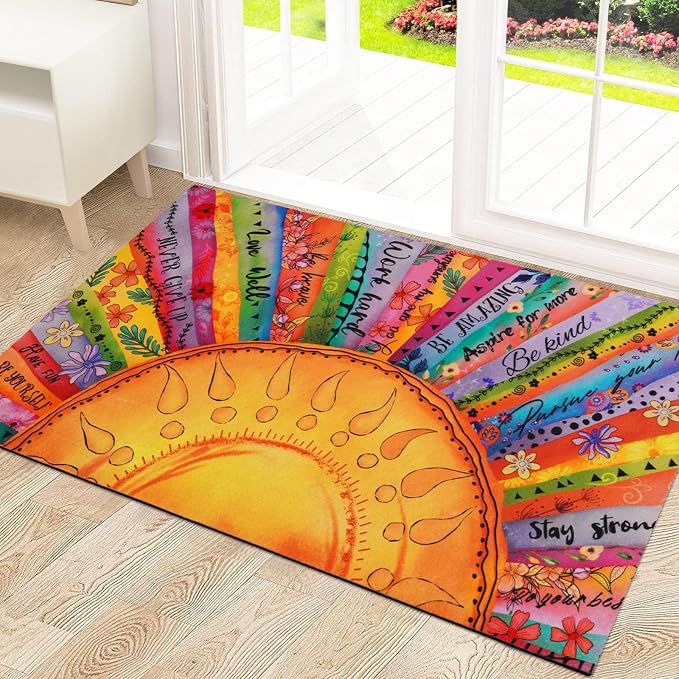 Boho Sun Door Mat Outdoor Indoor, Colorful Floral Welcome Doormat with Inspirational Quotes for Front Door, Entryway, Non Slip Washable Rubber Door Rug, Low Profile, Absorbent, 18” x 30”