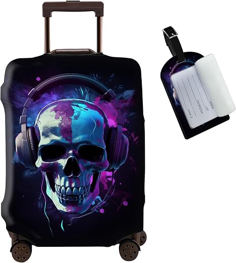 Luggage Cover + Luggage Tag, Skull in Headphones Washable Elastic Travel Suitcase Protector With Concealed Zipper for Men Women Teens Boys Girls L (26-28 Inch Suitcase) - skull suitcase