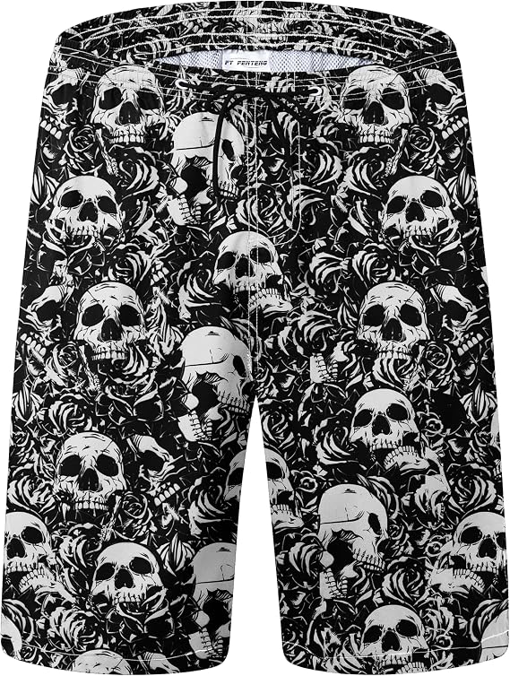 FT FENTENG Mens Swim Trunks Quick Dry Board Shorts with Mesh Liner, Breathable Big & Tall Beach Shorts Swimwear Bathing Suits - skull swimsuit