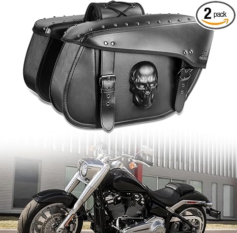 Motorcycle Saddlebags 32L Large Capacity PU Leather Side Saddle Bags Waterproof Hard Saddle Bags Universal for Harley Honda Yamaha Bobber Sixty Kawasaki (3D Skull,Black) - skull suitcase