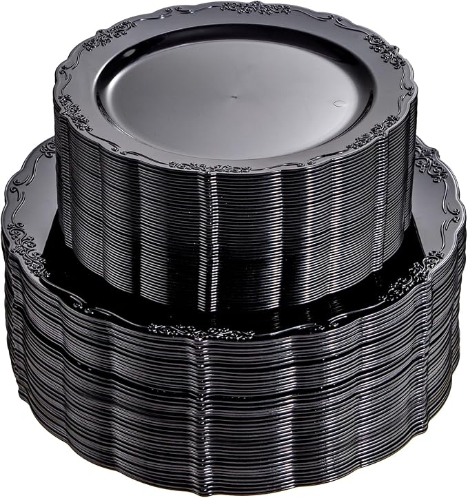 100PCS Black Plastic Plates, Heavy Duty Black Plates Halloween - skull plate