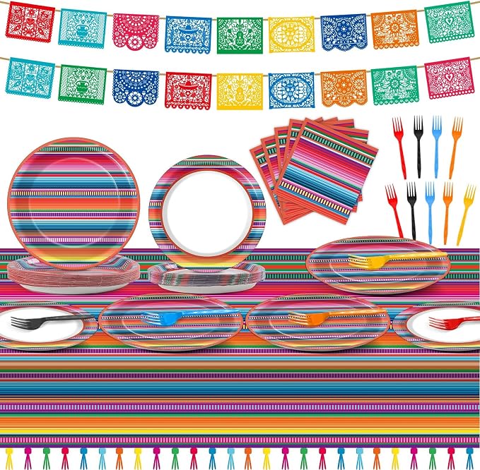 119 Pcs Mexican Fiesta Party Supplies Set Includes Mayo Mexico Serape Plates Napkins Forks Tablecloth Banners Day of The Dead Colorful Stripes Tableware for Dia De Los Muertos Decor Serve 25 - skull plate