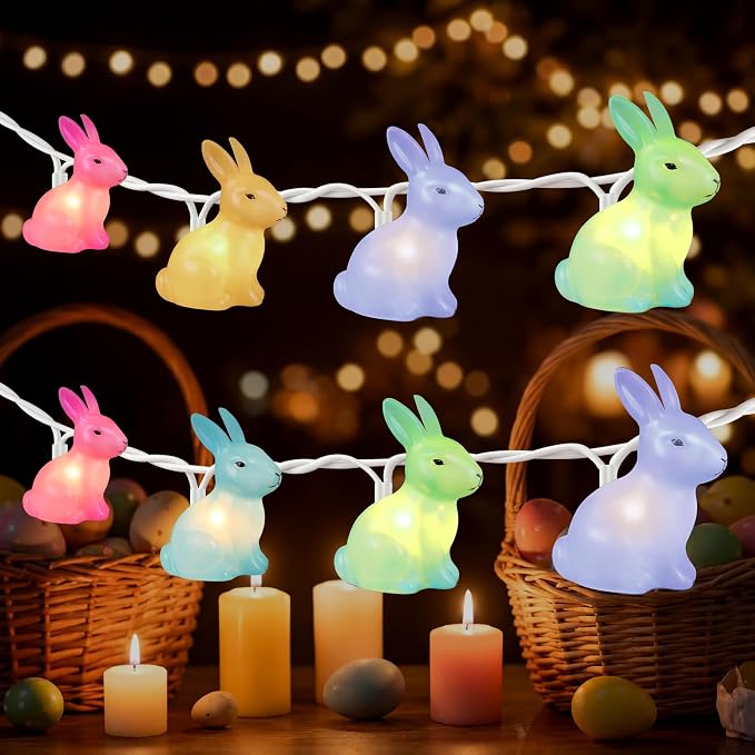 Easter Rabbit Decoration Lights Outdoor, 8.5 Feet Waterproof Bunny String Light with 10 Multicolor Rabbit Shaped Lights for Easter Indoor Bedroom Birthday Party Wedding Decor - string light