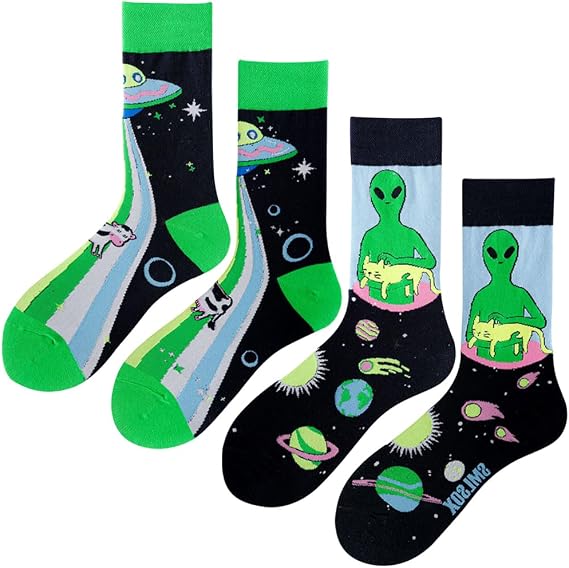 2 Pairs Novelty Colorful Cartoon Cotton Casual Crew Socks for Women (US, Alpha, One Size, Regular, Regular, Alien) - sugar skull costume