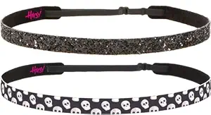 Hipsy Adjustable Non Slip 5/8" Skinny Bling Glitter & Halloween Printed Headband 2-packs for Women Girls and Nurses (Skulls Charcoal & Black Glitter 2pk) - skull headband