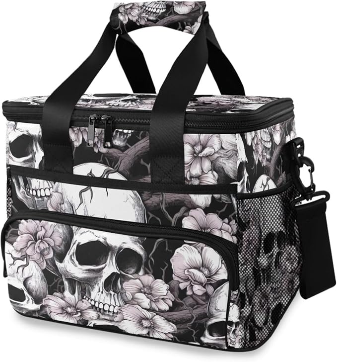 White Skull Black Lunch Bag for Women Men 15L Insulated Lunch Box Large Leakproof Cooler Bag with Adjustable Shoulder Strap for Adult Work Picnic - sugar skull handbags for sale