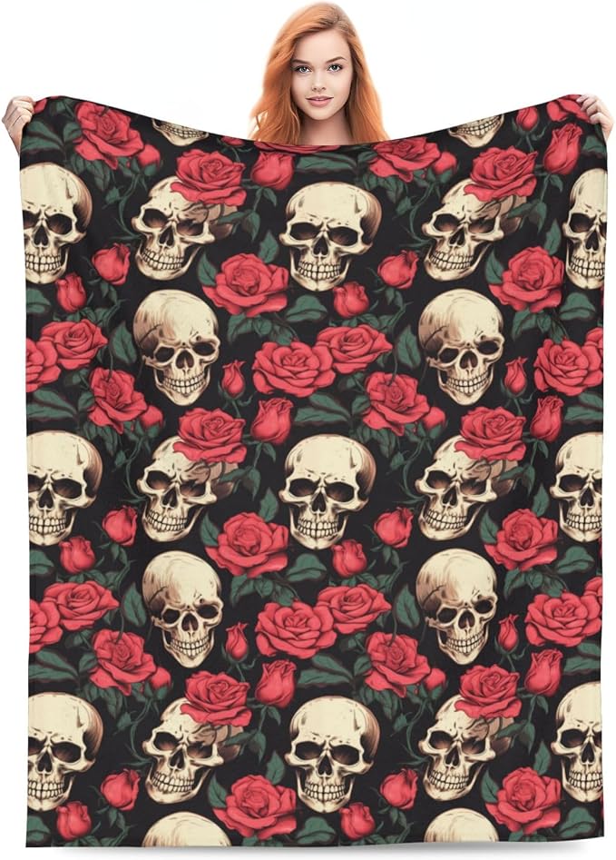 Skull Flower Rose Blanket Gifts for Adults Women Men Gothic Skull Skeleton Flannel Throw Blankets Soft Fuzzy Lightweight for Home Decor Couch Bed Sofa 60x50 Inches - skull blanket