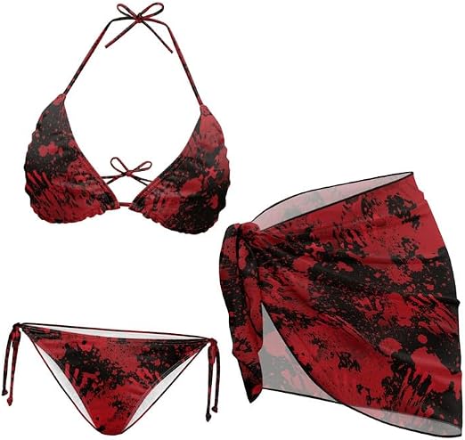 Irisjudy Gothic Print Halter Bikini Swimsuit Set with Beach Sarong Coverup - 3 Piece Adjustable Swimwear - skull swimsuit