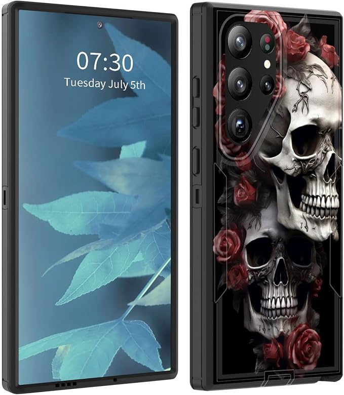 for Galaxy S24 Ultra Case, Dust-Proof Port Cover, Full Body Silicone Rubber Covered, Non-Slip Drop-Proof Phone Case for Samsung Galaxy S24 Ultra 6.8 inch 2024,Rose Skull - Skull phone case