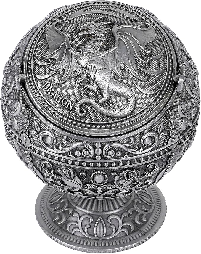 Vintage Dragon Ball Ashtray with Windproof Lid, Antique Silver - skull ashtray