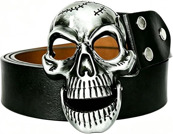 Men's Skull Head Buckle Leather Belt Waist Band, Jeans Decorative Punk Belt (BLACK) - skull wallet