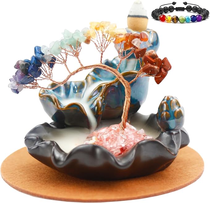 Dreamgirnh Chakras Backflow Incense Burner, Crystal Tree Incense Waterfall Fountain, Cone Incense Holde, Living Room Shelf Aesthetic Decor - skull incense burner