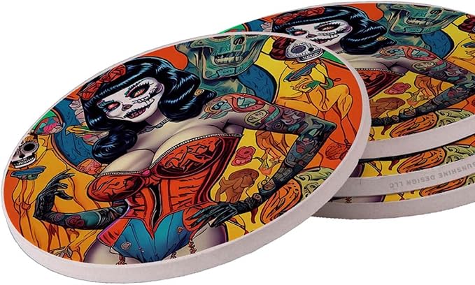 Sugar Skull Rio Zombie Decorative Ceramic Drink Coaster Gift Set - skull coaster