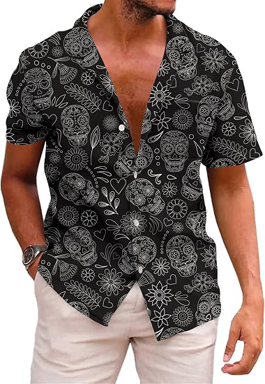 KYKU Mexico Shirt for Men Funny Beach Shirts Hawaiian Button Down Short Sleeve - sugar skull makeup