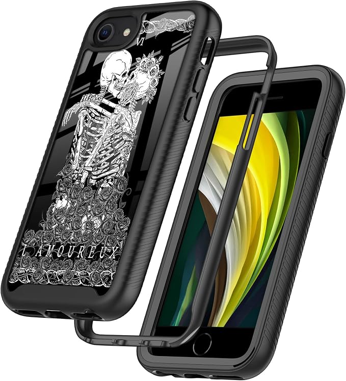 Skeleton Kissing Lovers Gothic Skull Tarot Design Compatible iPhone SE/7/8 Case - Luxury Shockproof Rugged Cover - Dual Layer Soft Bumper Full-Body Protective Case - Skull phone case
