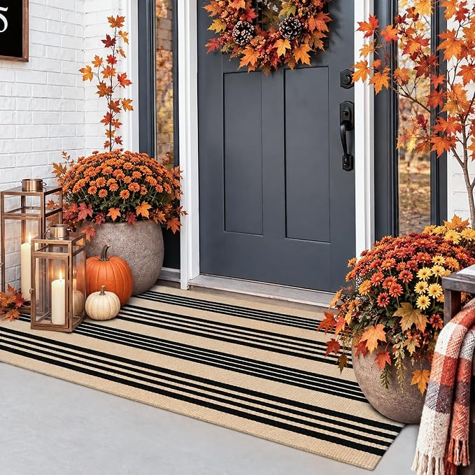 Striped Fall Door Mat 24"x51" Outdoor Rug Cotton Washable Fall Decor - skull floor mat
