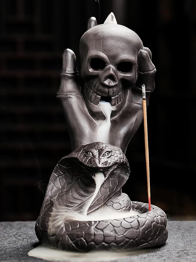 Skull Snake Incense Burner Holder – Backflow Waterfall Cone Incense Holder, Ceramic Unique Skeleton Incense Burner with Cones & Sticks for Halloween/Aromatherapy/Yoga/Home/Room/Office Deco