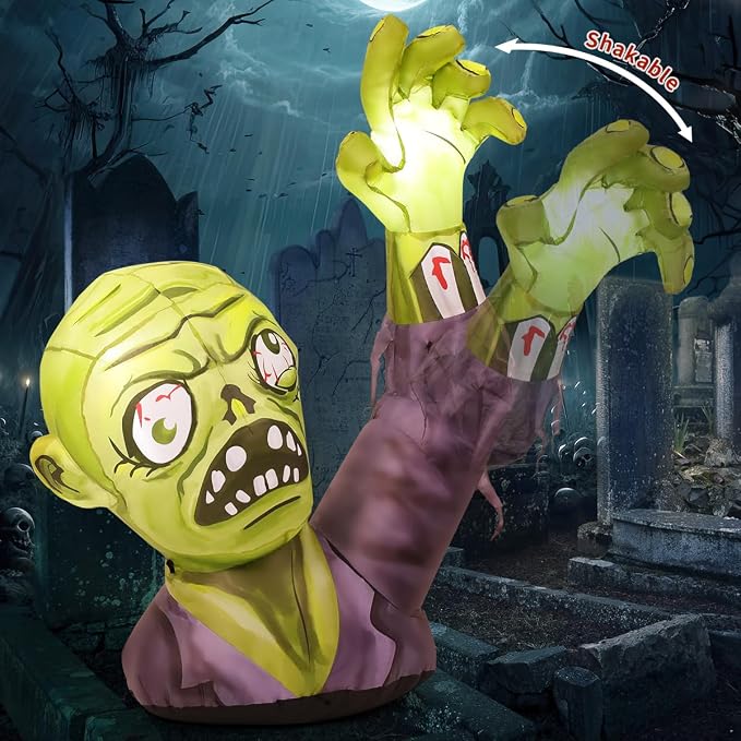 GOOSH 5.2 FT Halloween Inflatables Zombies Outdoor Decorations Blow Up Yard Terror Green Zombies Raise Hands with Built-in LEDs for Garden Lawn Indoor Decor - skull inflatable