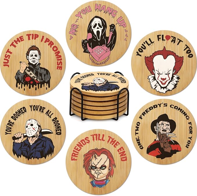 6Pcs Horror Movie Character Spooky Coasters Gift Set with Holder - Horror Movie Accessories Bar Coaster for Party Decor, Unique Halloween Round Coasters for Halloween Coffee Table Spooky Kitchen Decor - skull coaster