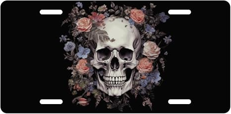 Sugar Skull Pretty Flower Decorative License Plate, Vanity Tag, Metal License Plate, Aluminum Novelty License Plate Home Decor for Men/Women/Boy/Girls 6 X 12 Inch (4 Holes) - skull plate
