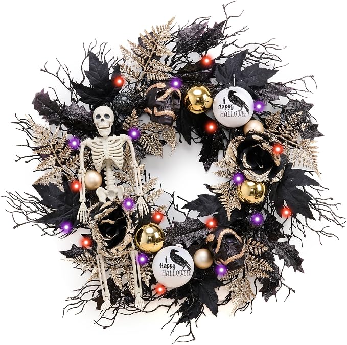 DecorbyHannah 24” Skeleton Halloween Wreath with Lights for Front Door
