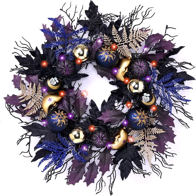 DecorbyHannah 24'' Pumpkins Halloween Wreath with Lights for Front Door - skull wreath