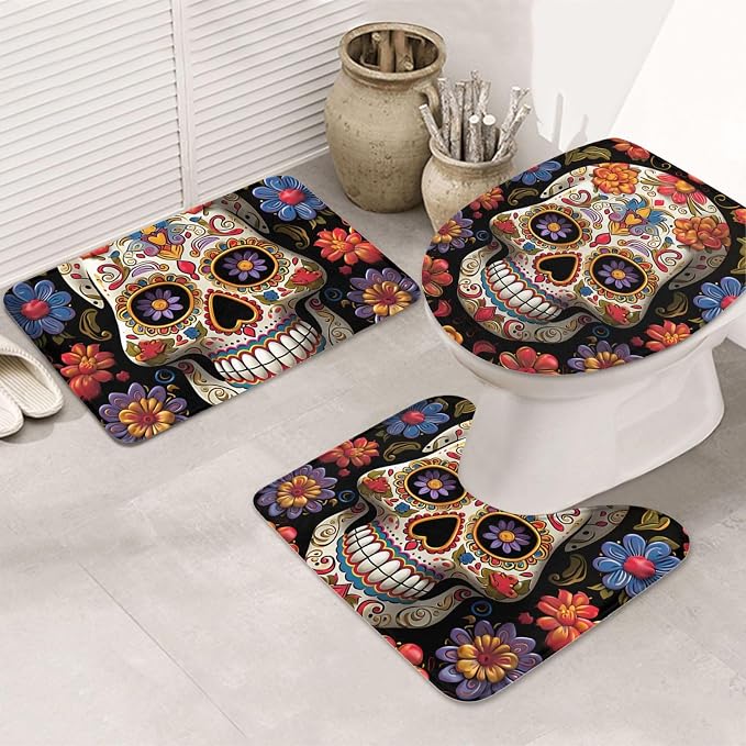 Sugar Skulls Print Bathroom Rug Set 3 Piece Includes Non Slip Bath Rug, Contour Mat and Toilet Lid Cover Ultra Soft Microfiber Bathroom Floor Mats - skull toilet mat