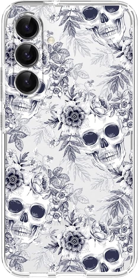 for Samsung Galaxy S24 Case, Retro Floral Skull Design Vintage Art Style Transparent Soft TPU Protective Clear Case Compatible for Samsung Galaxy S24 6.2 Inch (White Floral Skulls) - Skull phone case